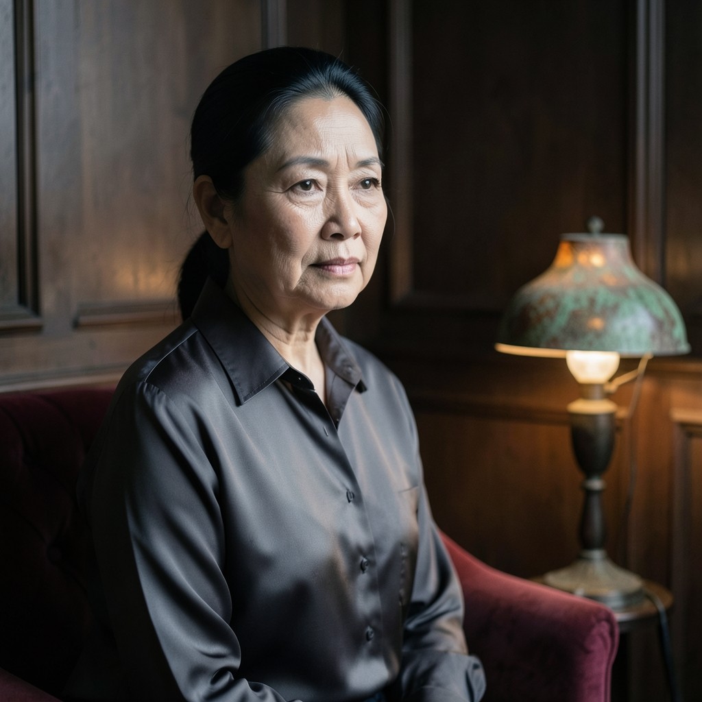 Portrait of Naree Limsakul seated beside a copper lamp in a wood-panelled room