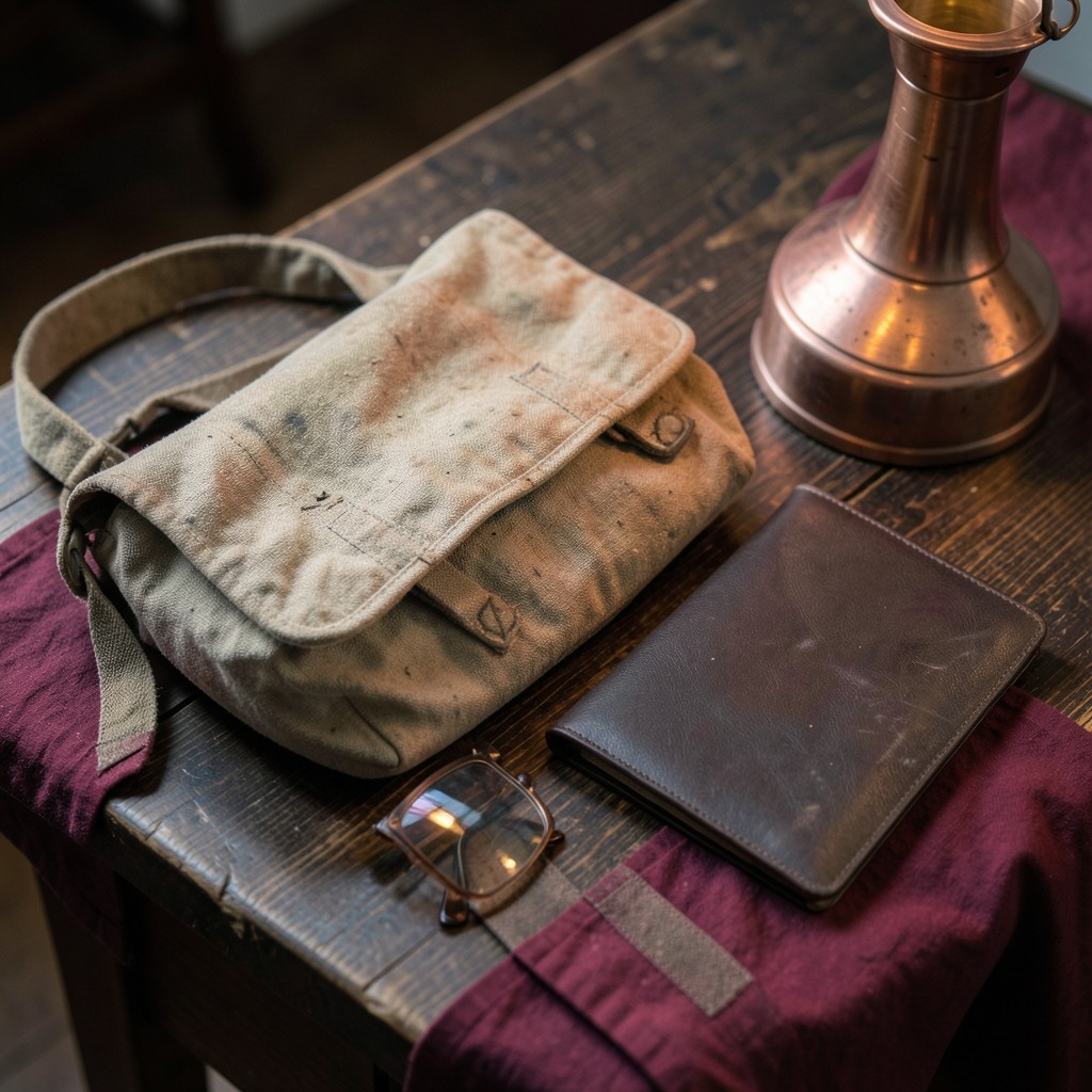 A cloth satchel, eyeglasses, and a closed folder on a dark wooden table