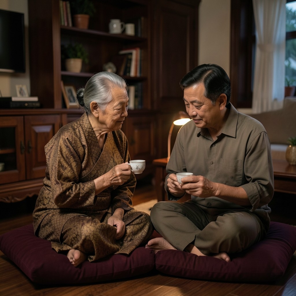 An older adult and a middle-aged adult seated with tea in a quiet evening room