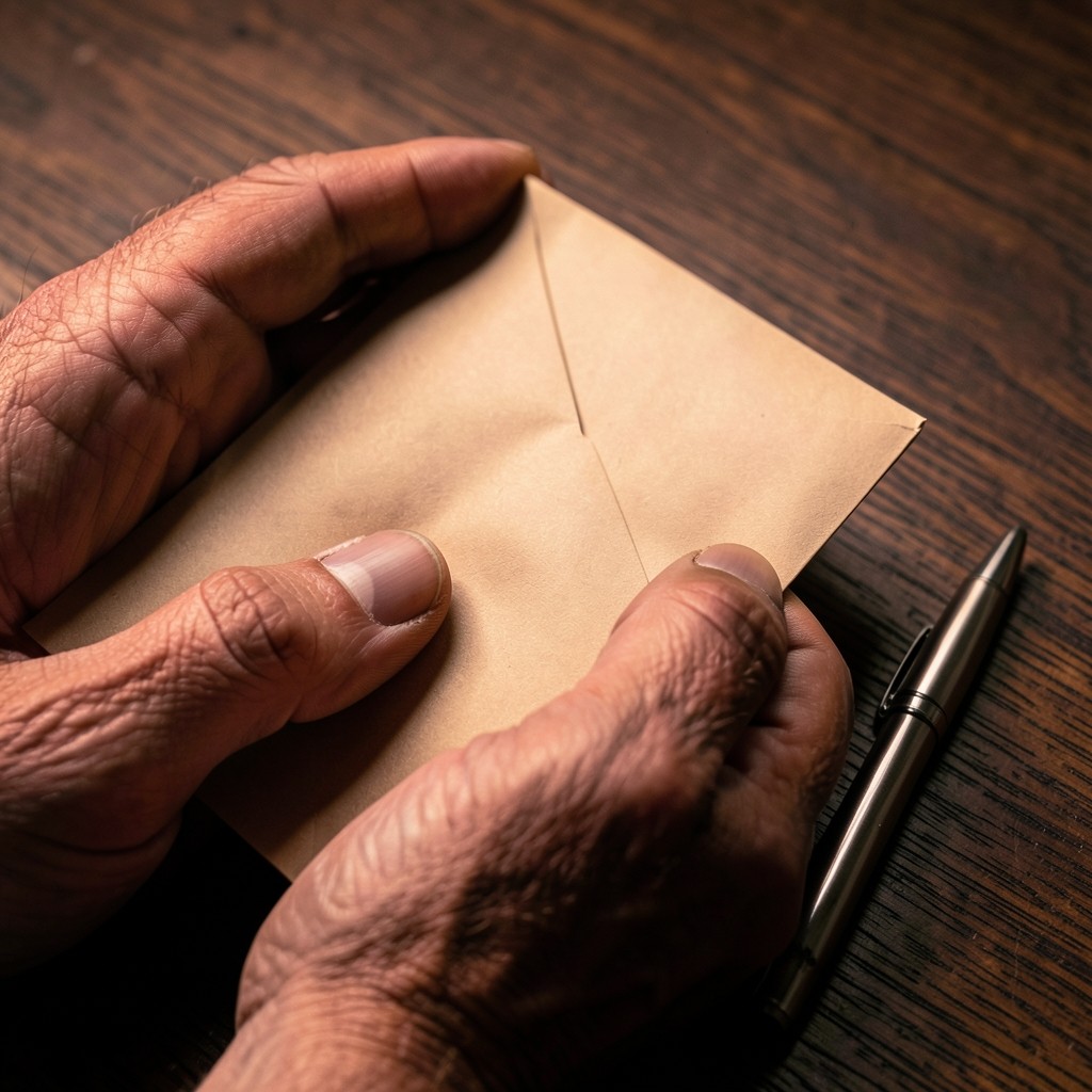 Adult hands holding a closed envelope beside a pen under copper light
