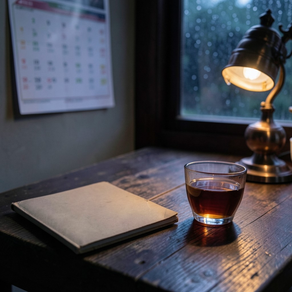 A closed pension booklet and a tea glass on a desk at dusk