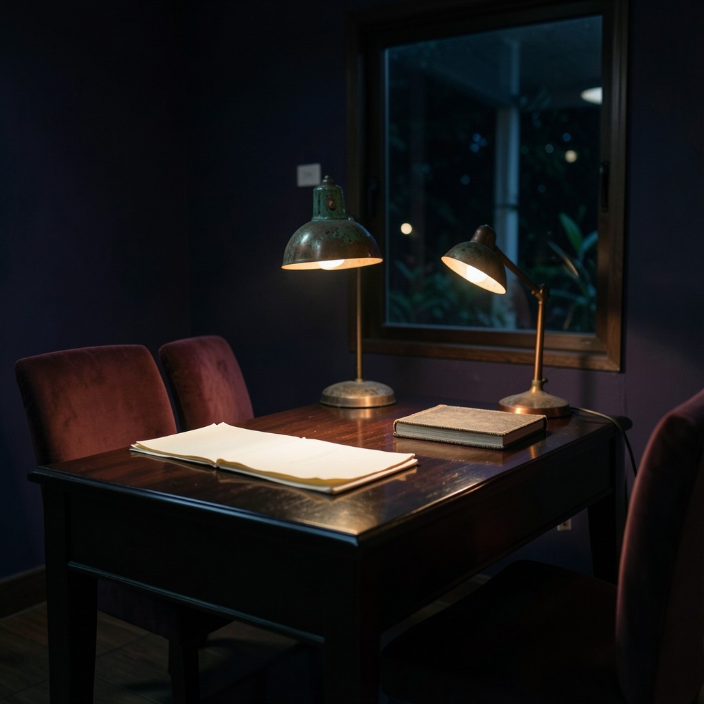 Evening view of a dark wood table, burgundy velvet chairs, and a copper lamp in a quiet planning room