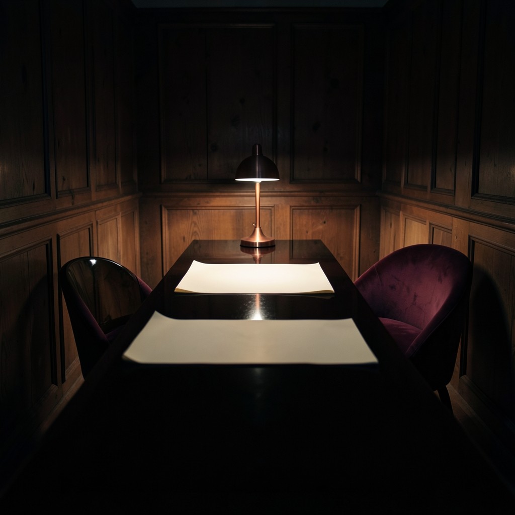 Lengthwise view of the planning room table with face-down papers and a single copper lamp
