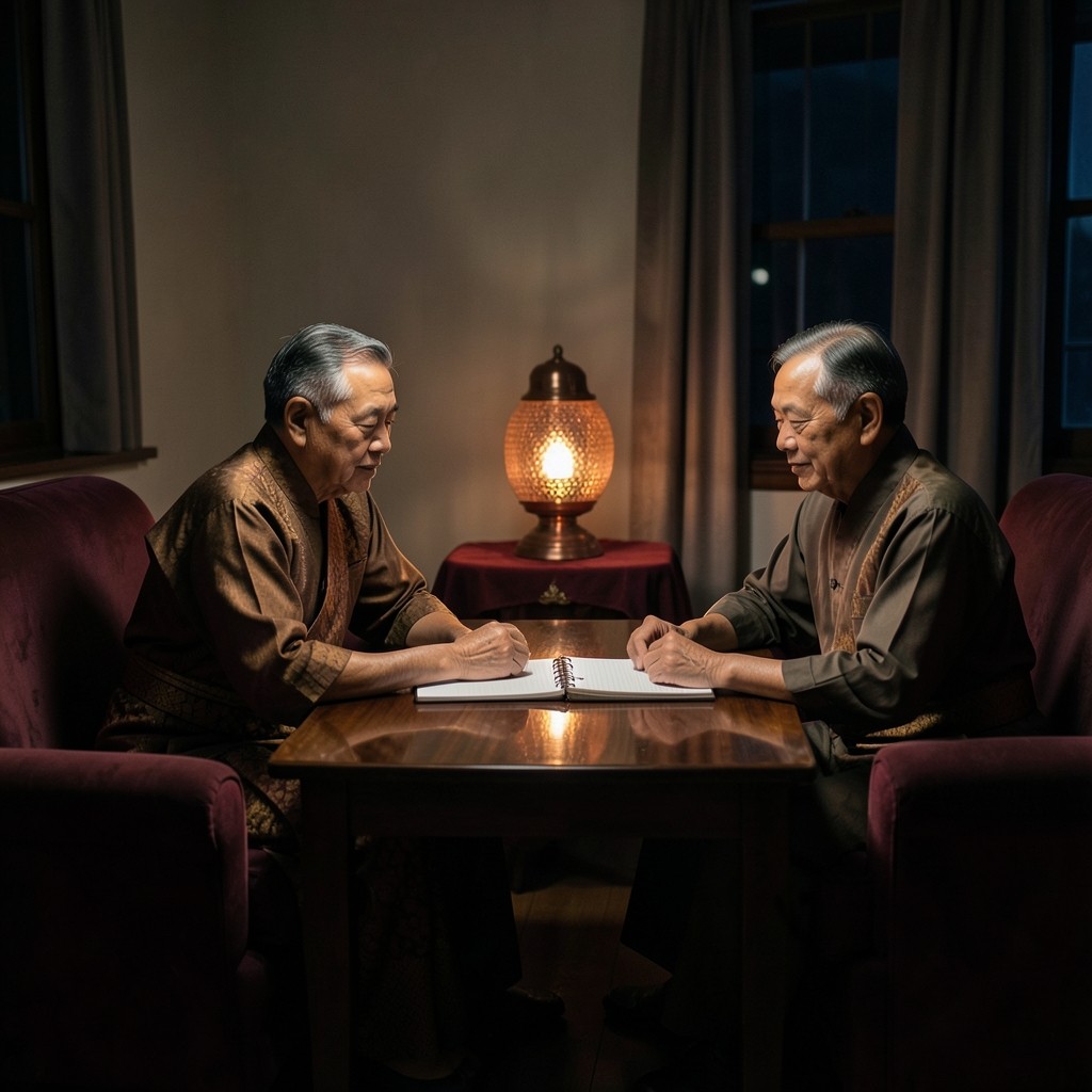 Two adults seated at a wooden table for a yearly household check-in