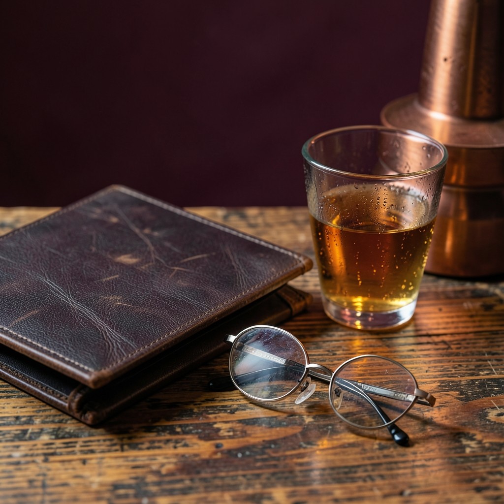 A closed folder and a glass of tea on dark wood before an income sketch