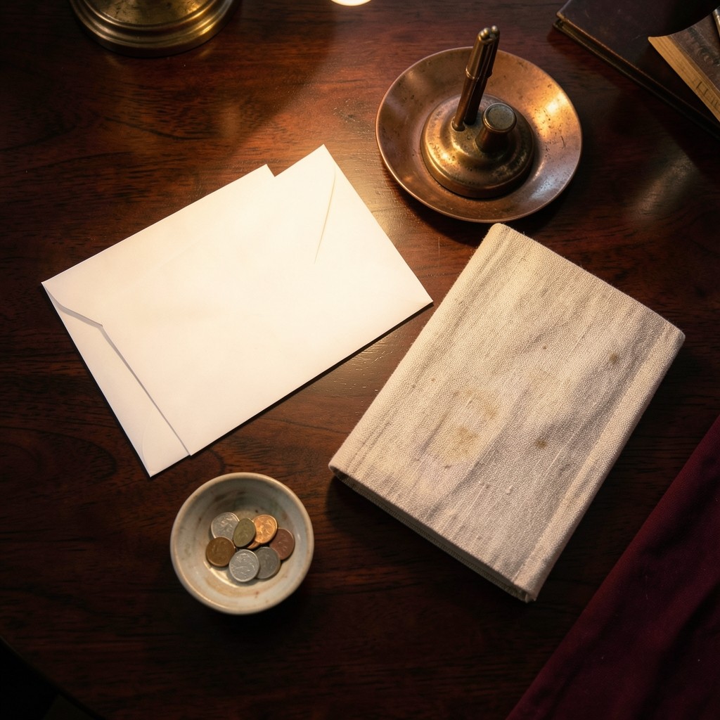 Sealed envelopes and a closed notebook arranged for a cash-ledger sitting