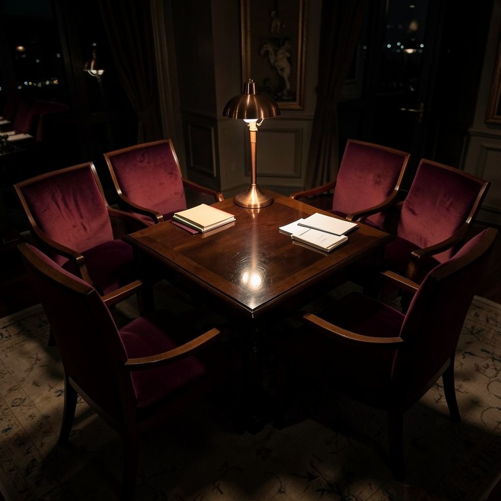 Four chairs around a lacquered table prepared for a household review